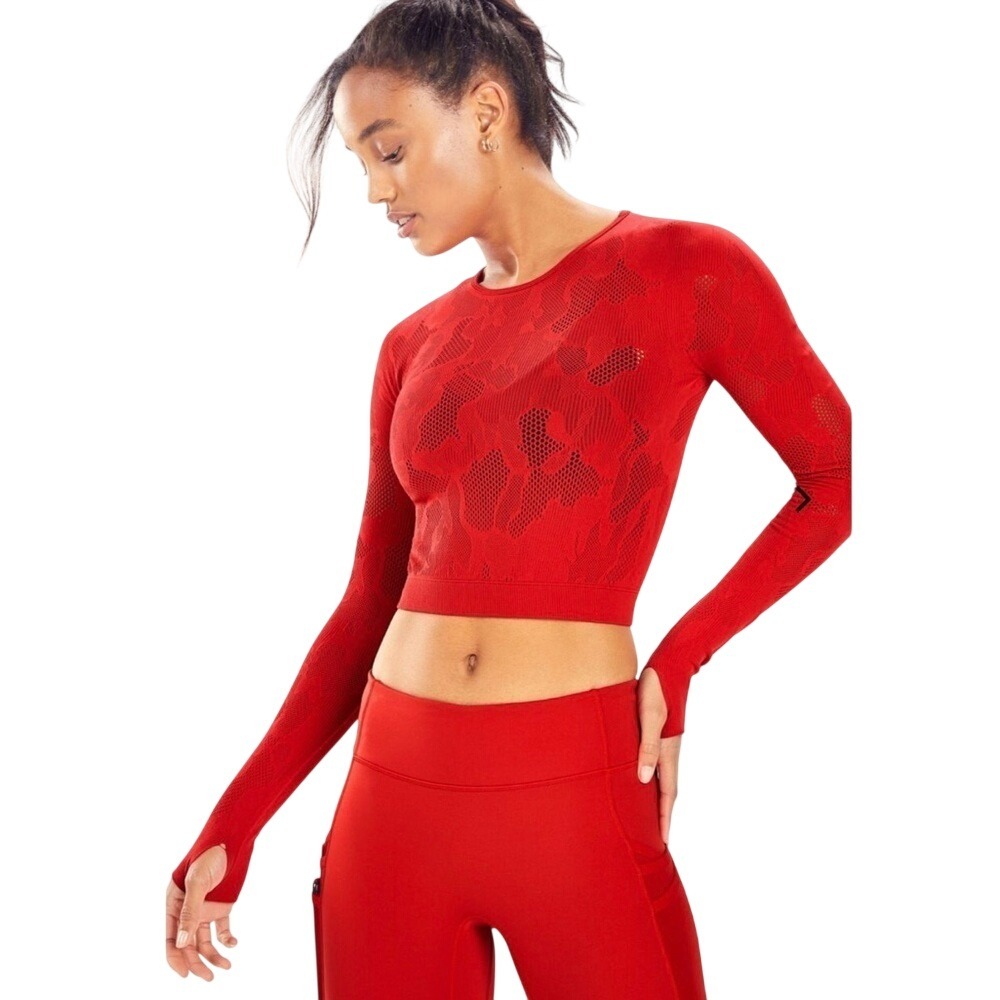 Fabletics Womens‎ SculptKnit Red Long Sleeve Cropped Athletic Sz M Pilates Yoga
